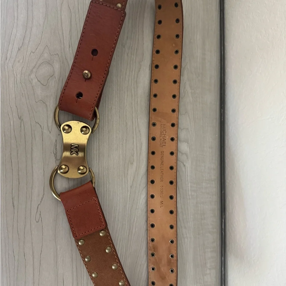 Michael Kors Chunky Tan Leather & Suede Belt with Gold Hardware M/L - Picture 7 of 7